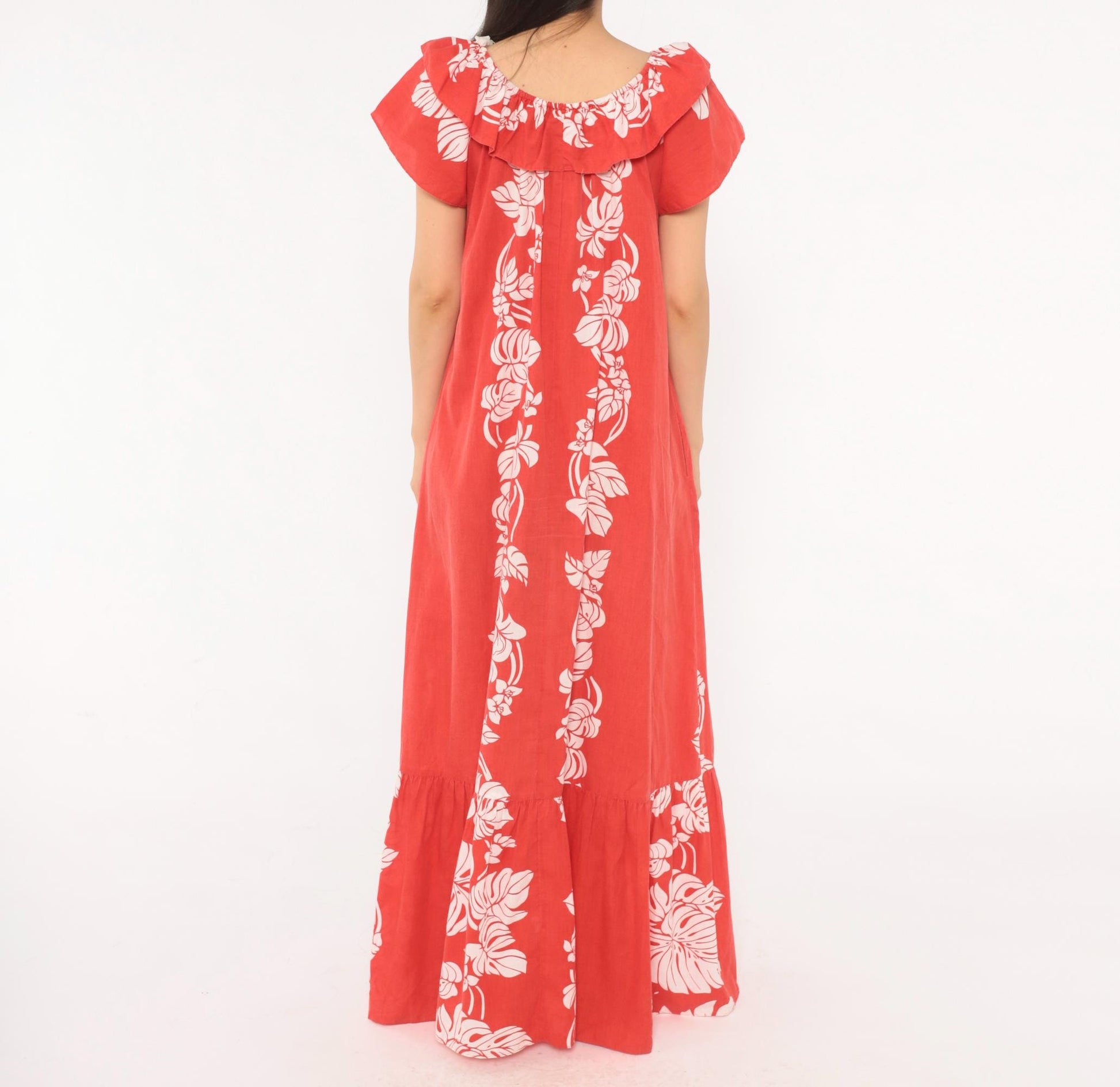 80s Hilo Hattie Hawaiian Muumuu Red Monstera Floral Maxi Dress Large