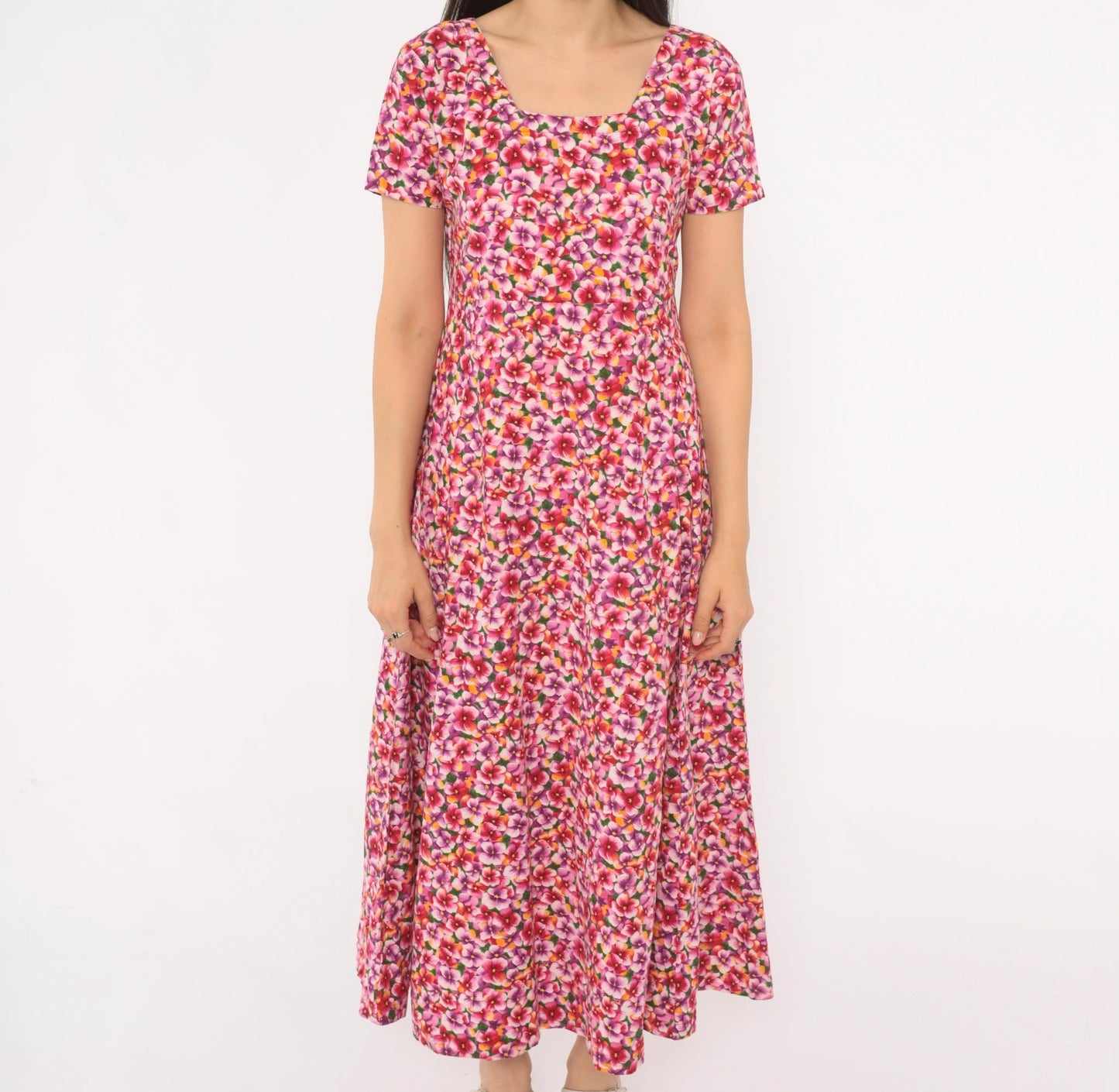 90s Pink Purple Floral Maxi Dress Cotton Scoop Neck A-Line Small