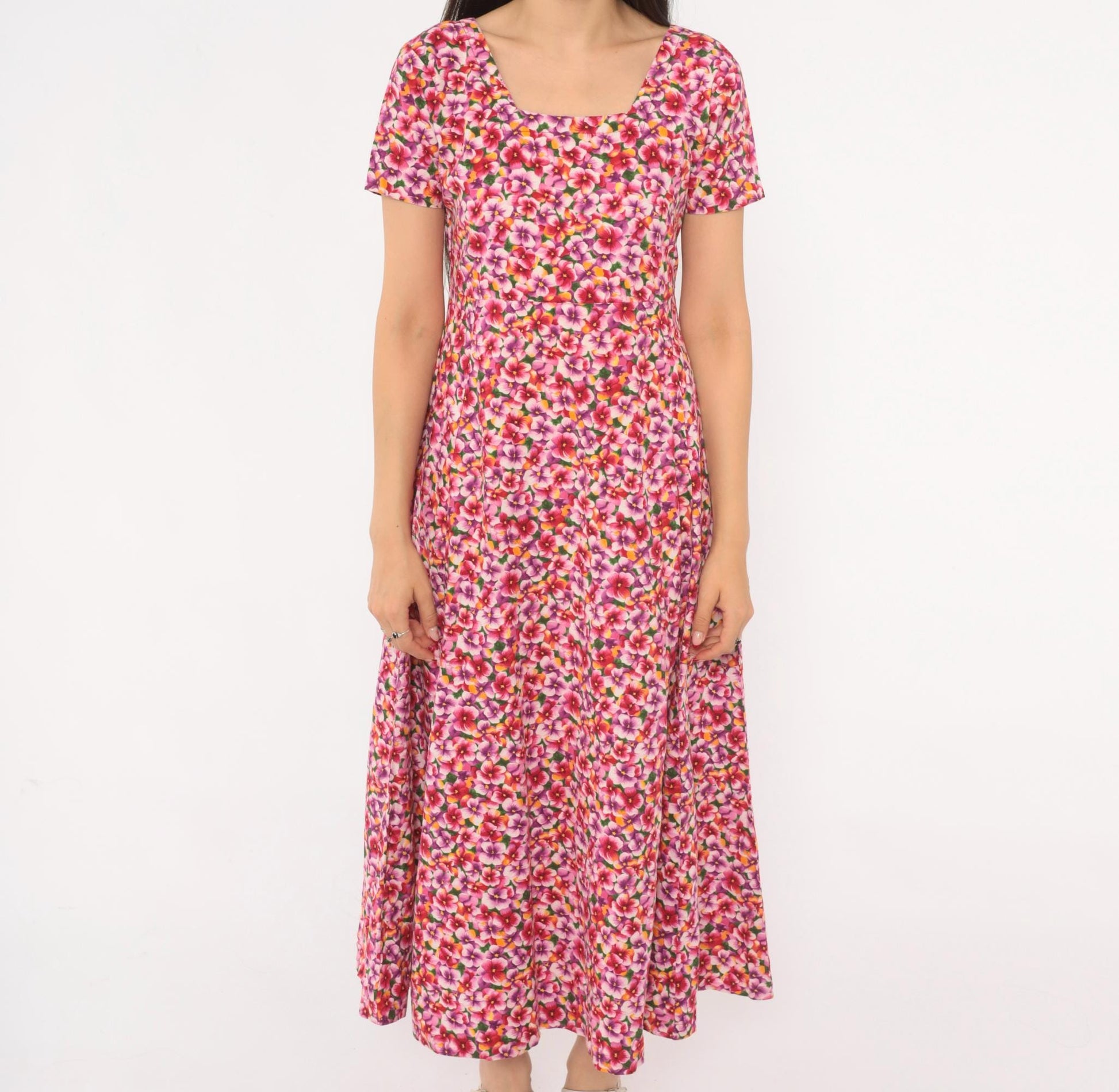 90s Pink Purple Floral Maxi Dress Cotton Scoop Neck A-Line Small