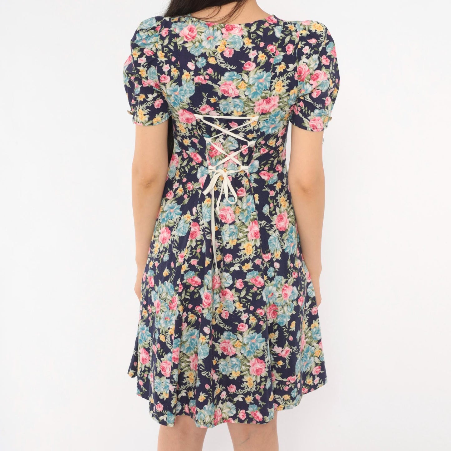 90s Sweet Soda Floral Mini Dress Navy Puff Sleeve Lace-Up Cotton XXS