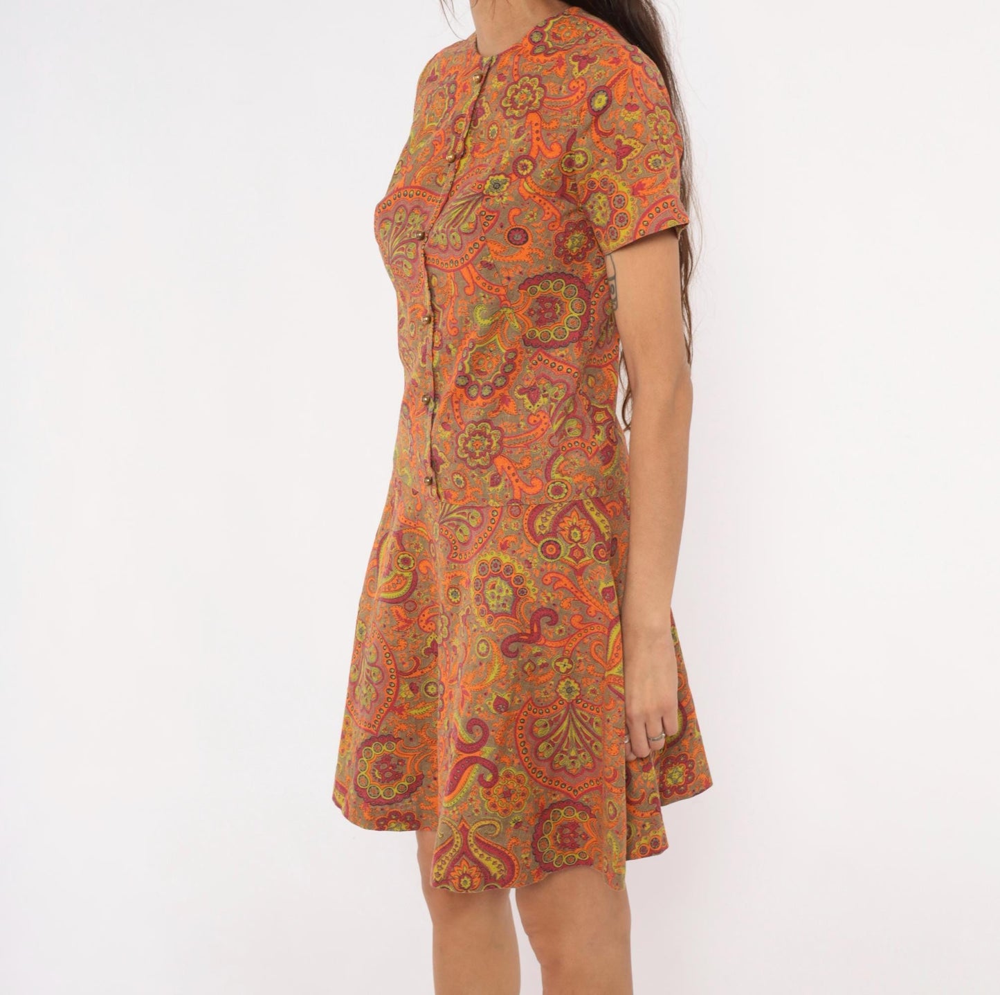 60s Junior West California Paisley Shift Dress Orange Cotton Small