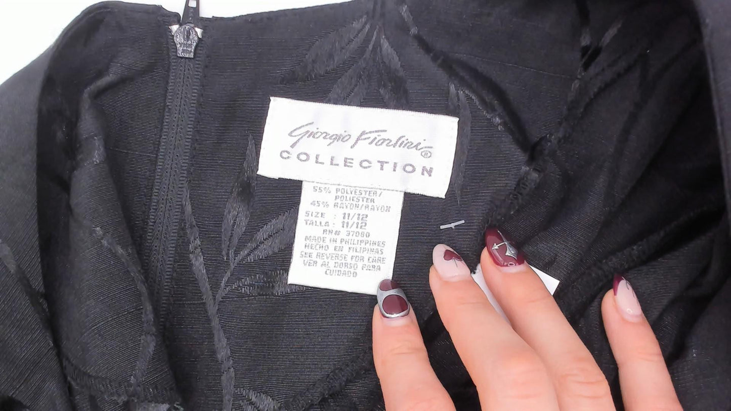 90s Giorgio Fiorlini Black Jacquard Leaf Shift Dress Scoop Neck Large L