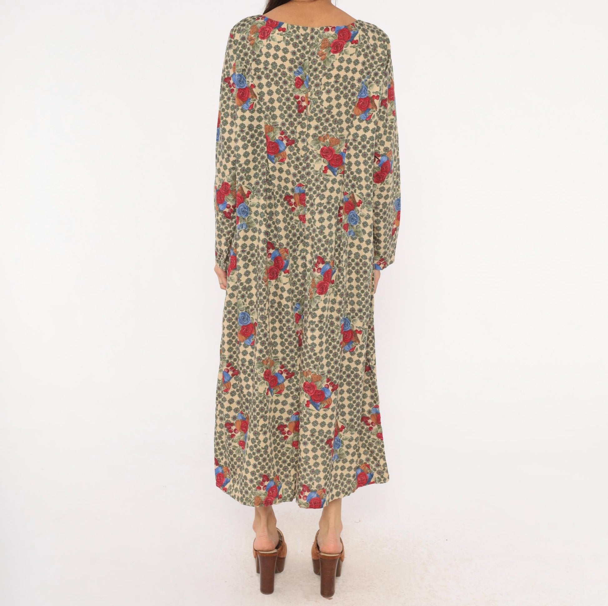 90s Floral Jumpsuit Cream Scoop Neck Long Sleeve Rose Medallion Print Large L