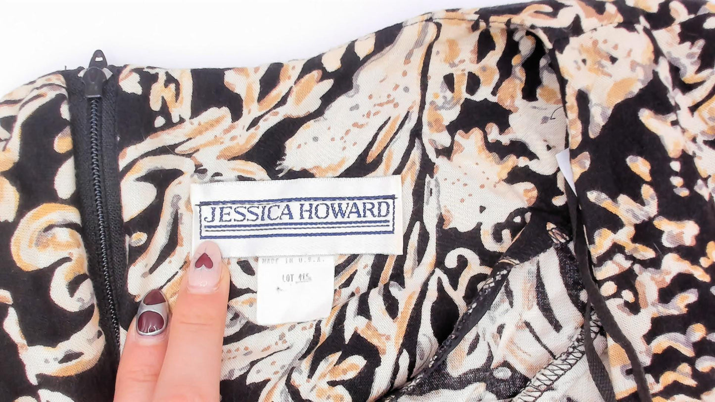 90s Jessica Howard Baroque Scroll Midi Dress Black Cream Floral Small