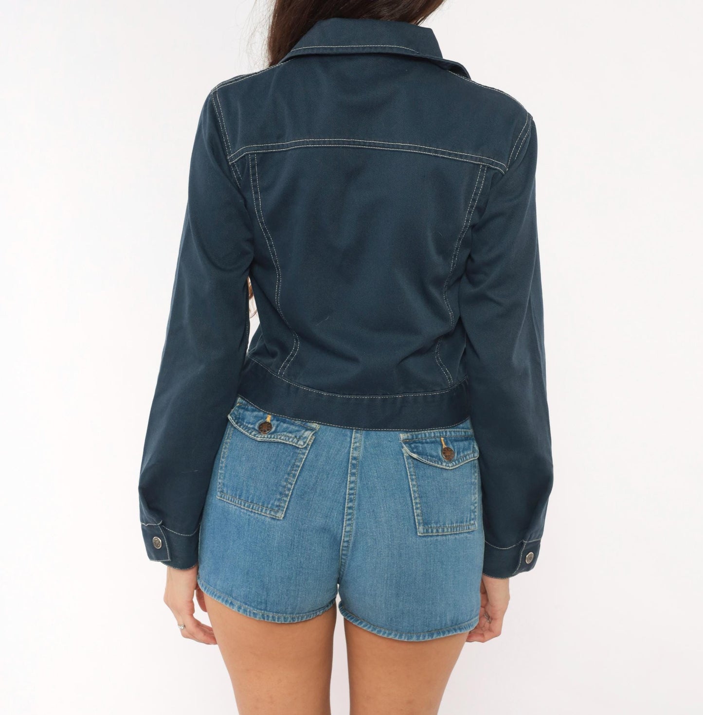70s Montgomery Ward Cropped Trucker Jacket Navy Snap Front Pointed Collar XXS