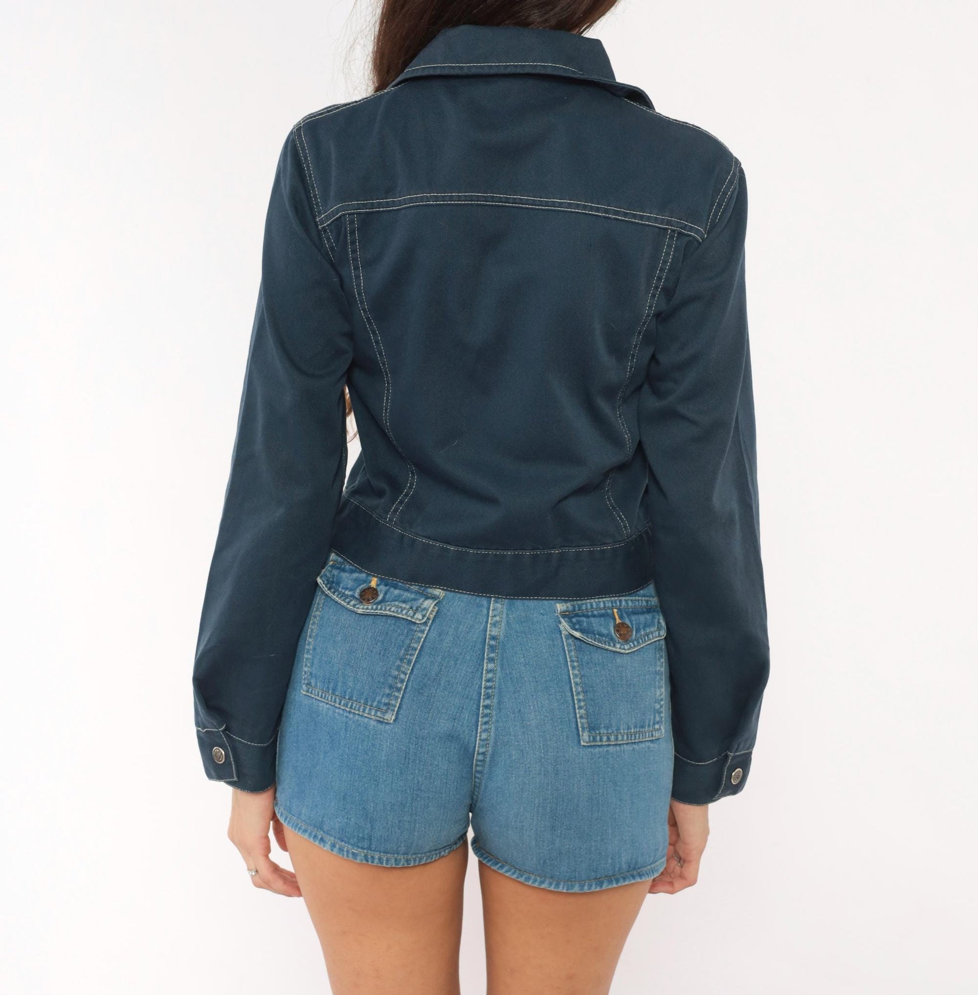 70s Montgomery Ward Cropped Trucker Jacket Navy Snap Front Pointed Collar XXS