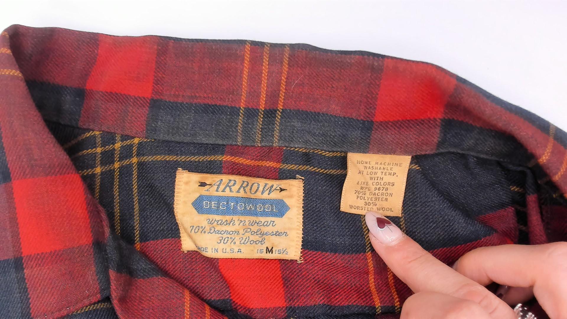 60s Arrow Plaid Wool Shirt Burgundy Navy Pointed Collar Button-Up Medium