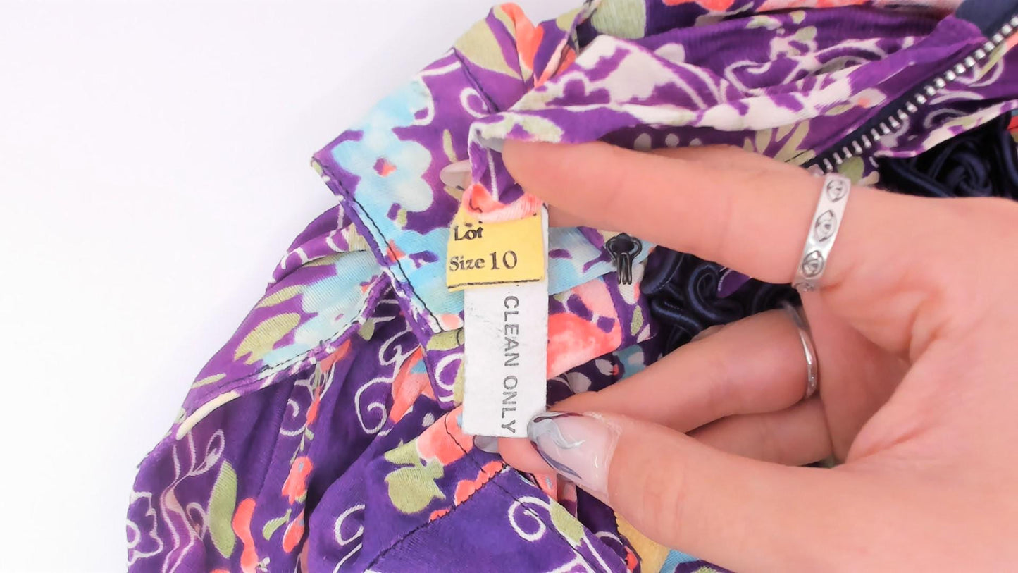 70s Purple Floral Cheongsam Mini Dress Mandarin Collar Frog Closure XS