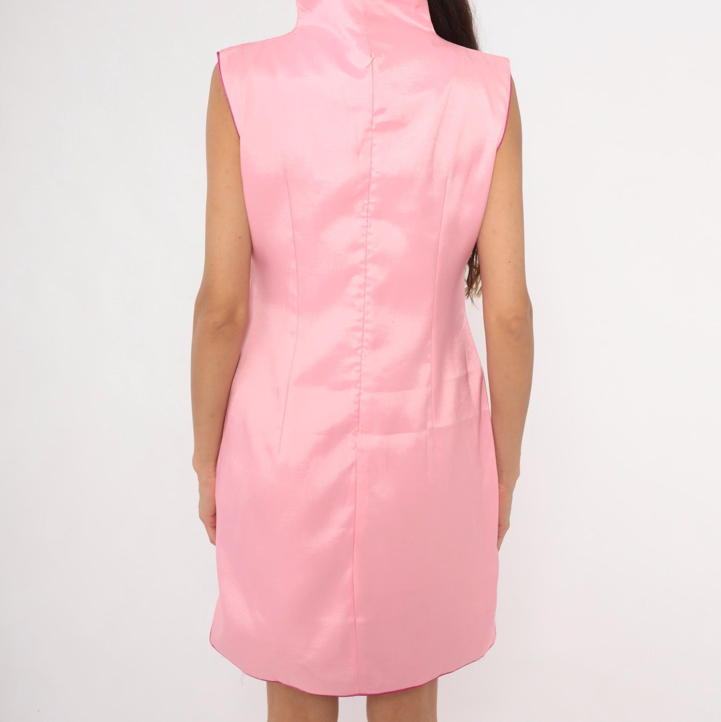 2000s Tang Yi Pink Mandarin Collar Shift Dress Embroidered Lotus Medium M