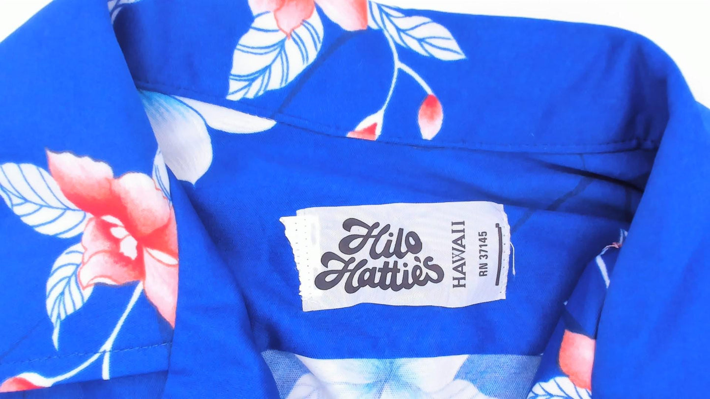 70s Hilo Hatties Hawaiian Shirt Blue Orchid Floral Camp Collar Medium