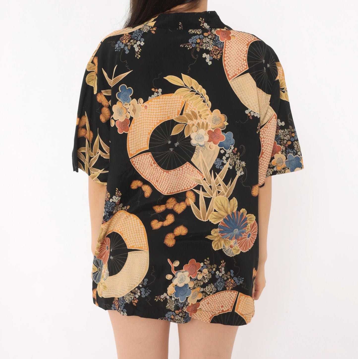 90s Clio Japanese Fan Floral Camp Collar Blouse Black Gold Rayon Large L