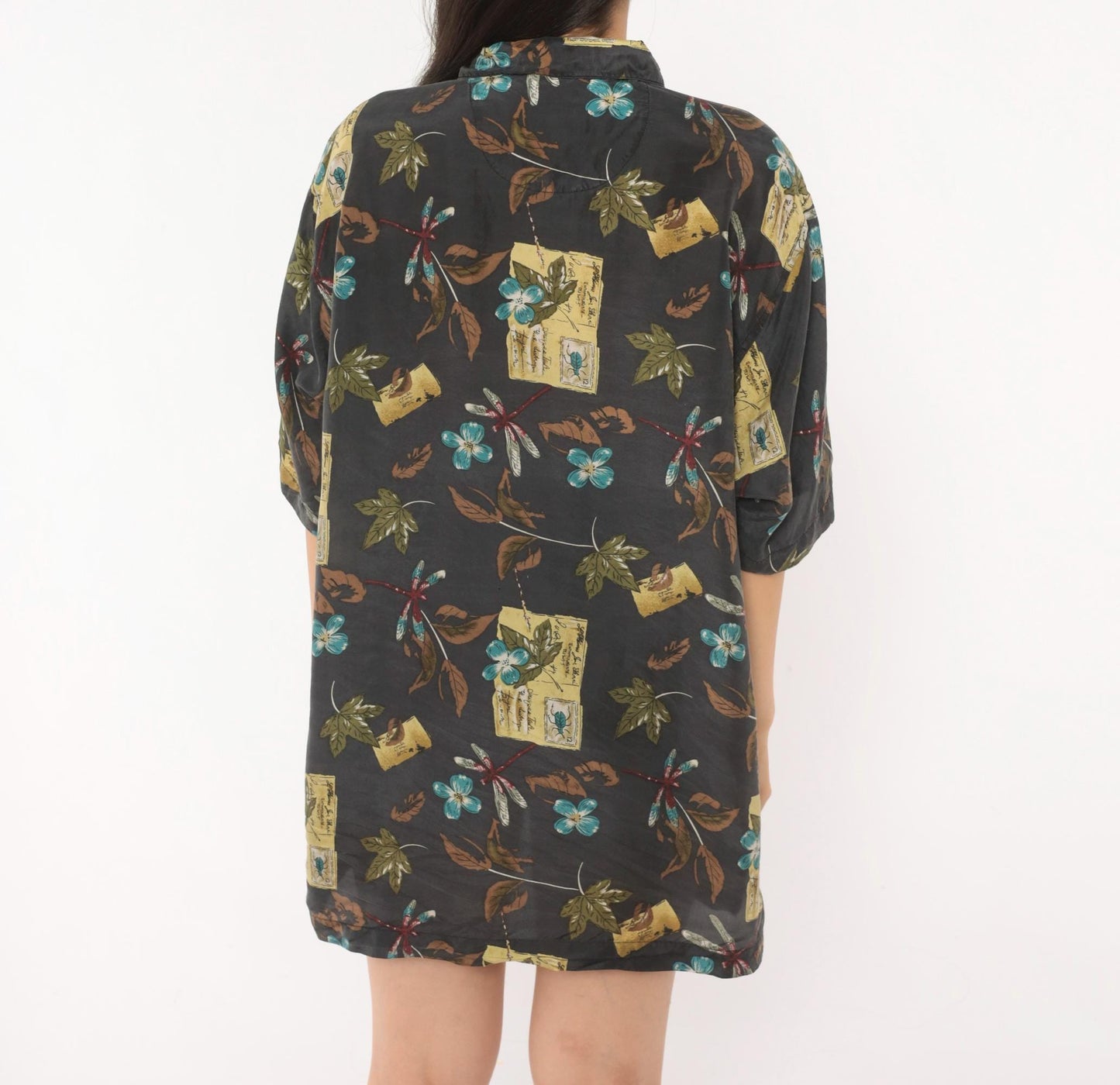 Y2K Firethorn Silk Camp Collar Shirt Dragonfly Botanical Print Teal Medium M