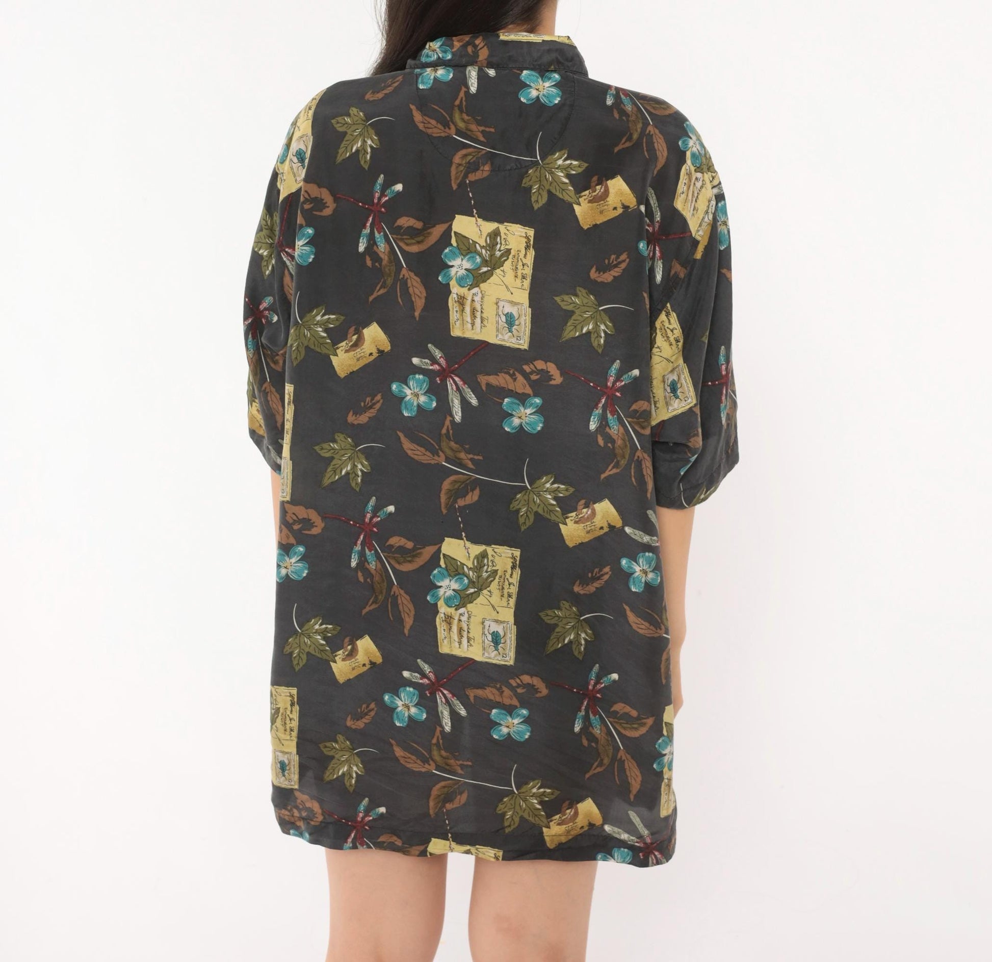 Y2K Firethorn Silk Camp Collar Shirt Dragonfly Botanical Print Teal Medium M