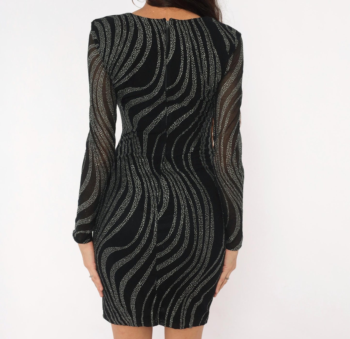 90s Betsy & Adam Black Mini Dress Silver Glitter Wave Sweetheart Small S