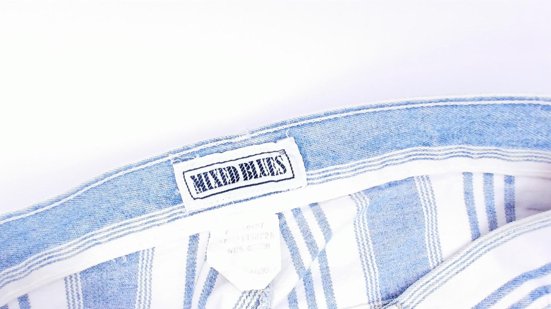 90s Mixed Blues Striped Denim Shorts High Waist Bermuda Blue White Cotton XS