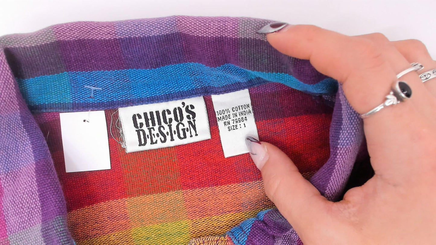 Y2K Chico's Design Rainbow Plaid Cropped Jacket Cotton Small S