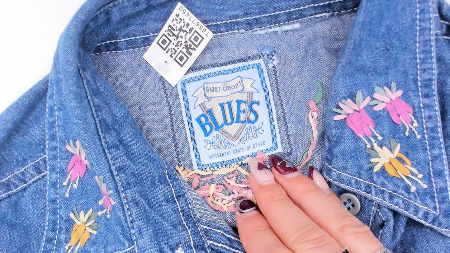 90s Short Circuit Blues Denim Shirt Hand-Painted Floral Garden Multicolor Large L