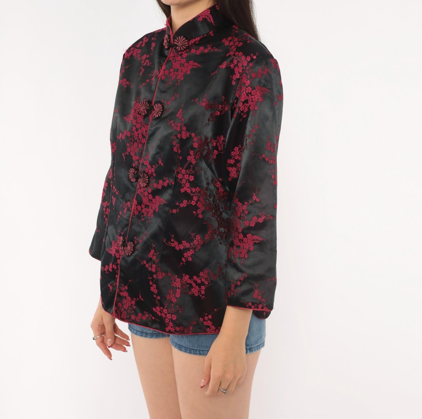 90s King Hu Black Brocade Jacket Cherry Blossom Mandarin Collar Large L