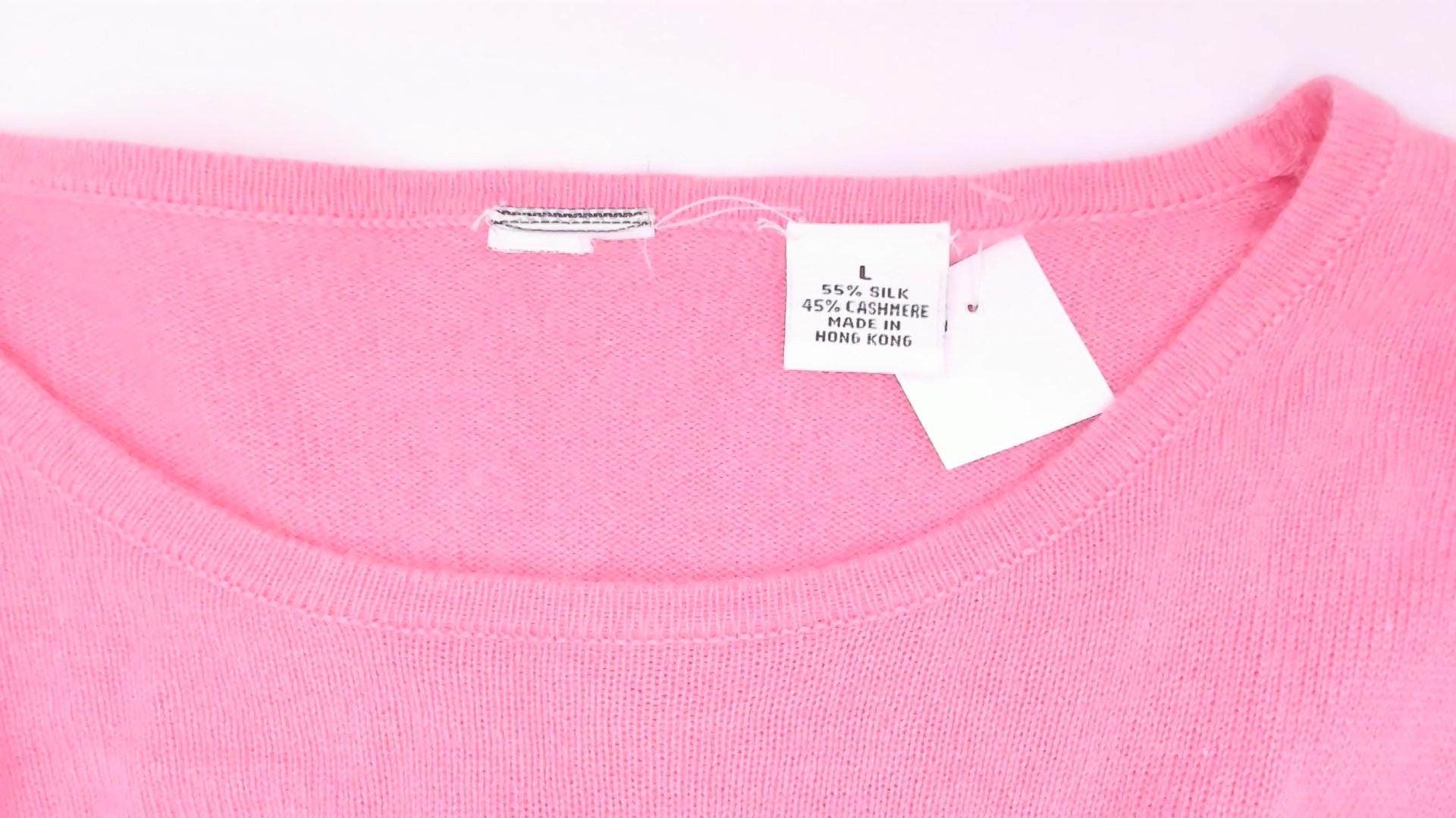 Y2K Rose Silk Cashmere Knit Tee Pink Scoop Neck Short Sleeve Large L