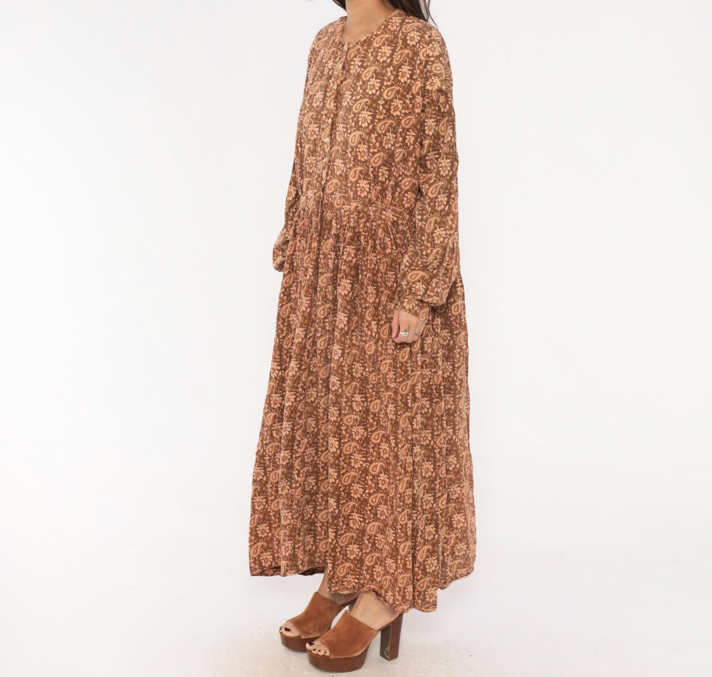 90s Brown Paisley Floral Maxi Dress Cotton Button Front Balloon Sleeve Large