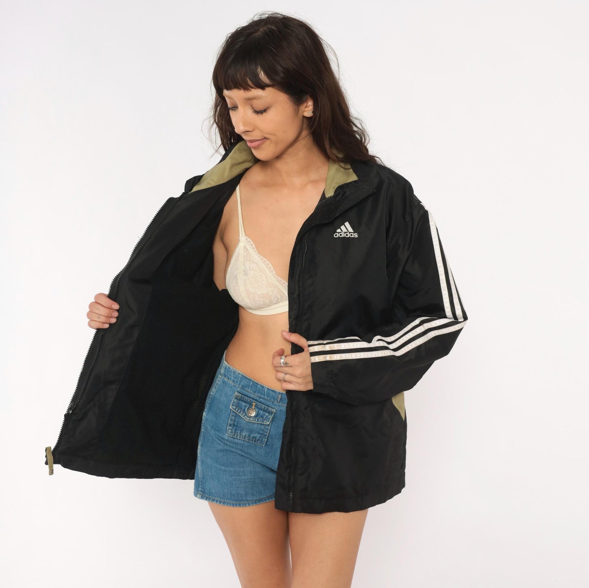 90s Adidas Windbreaker Black Olive Three Stripe Hooded Nylon Jacket Medium M