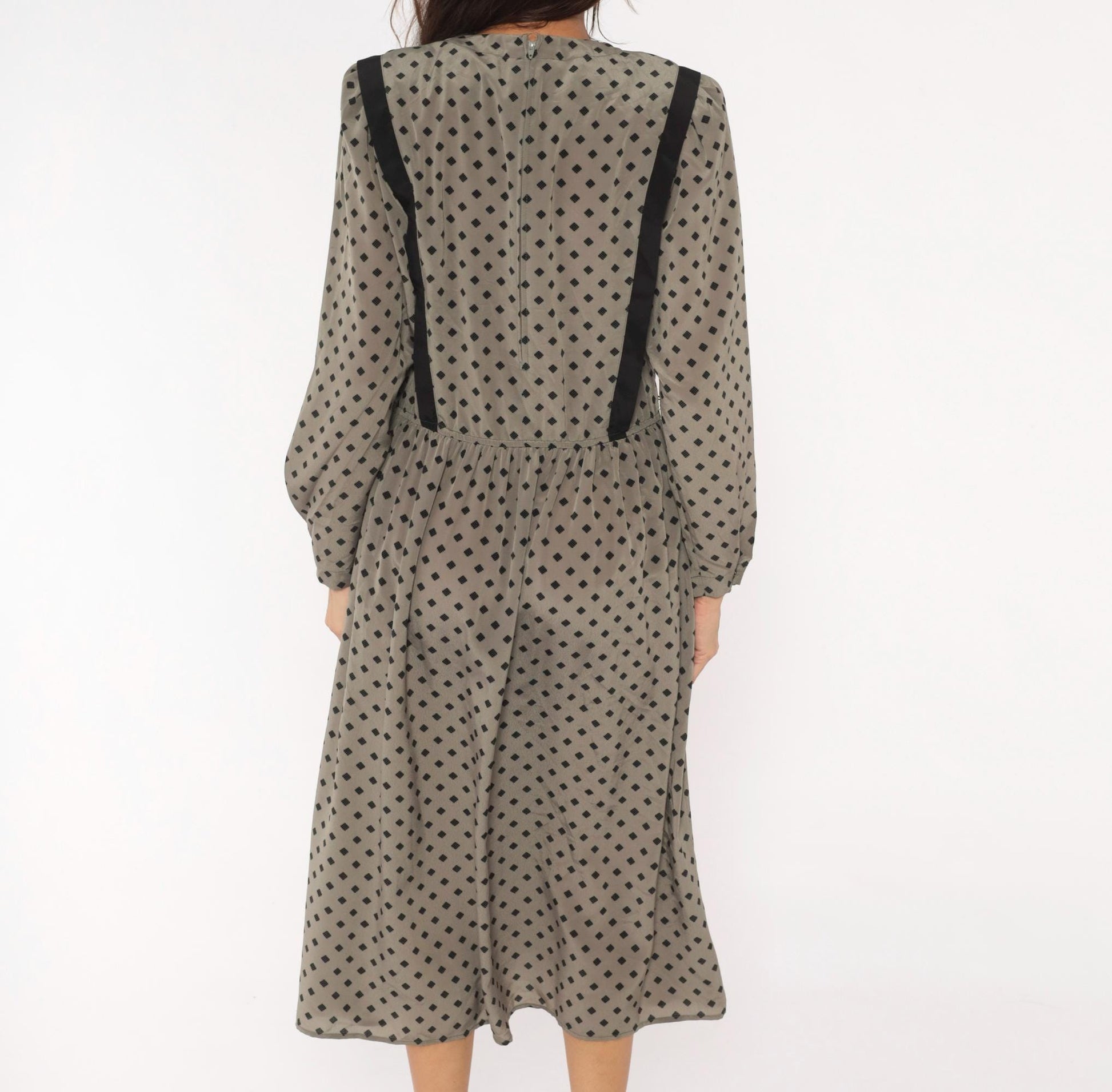 80s Donna Morgan Diamond Print Midi Dress Grey Balloon Sleeve Medium M