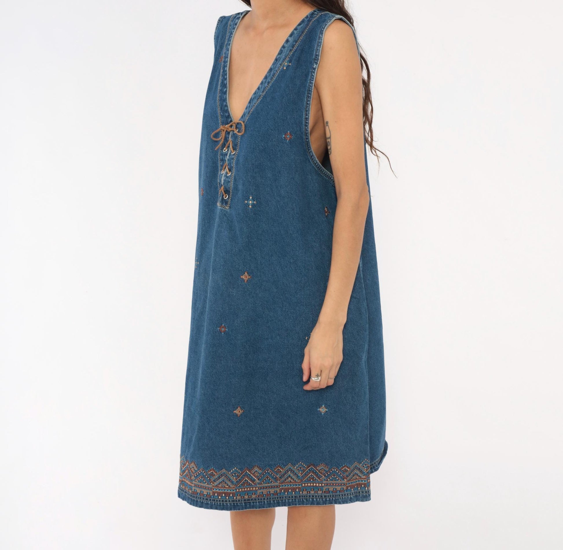 90s J.L. NY Southwestern Denim Dress Embroidered Lace-Up Navy Plus Size XXL