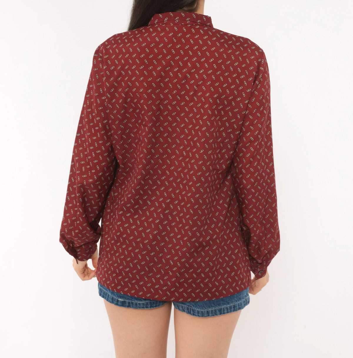 80s Koret Burgundy Chain Link Print Button Blouse Long Sleeve Medium M