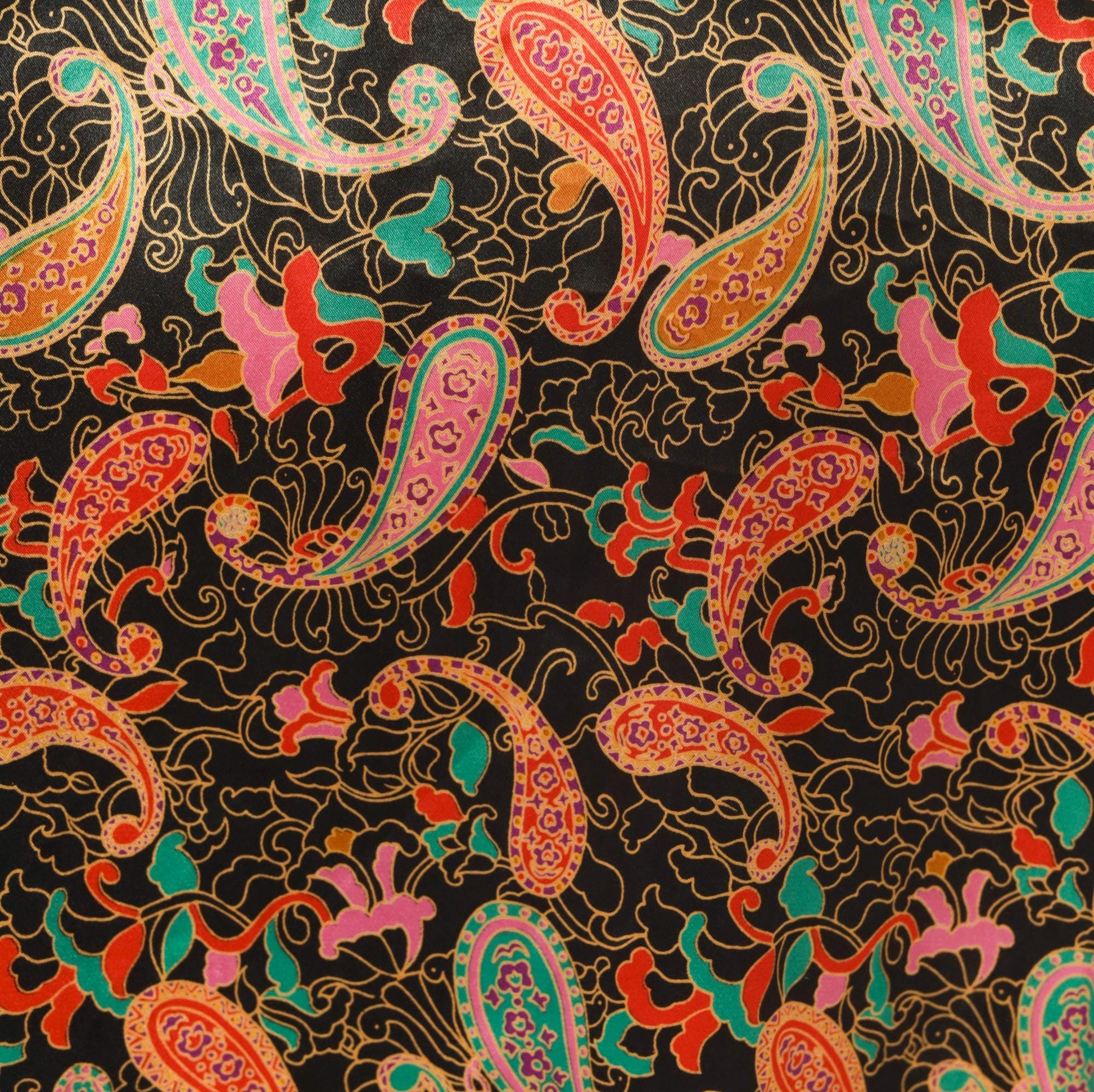 90s Barbizon Paisley Kimono Robe Wrap Front Tie Belt Black Gold Teal Pink Small