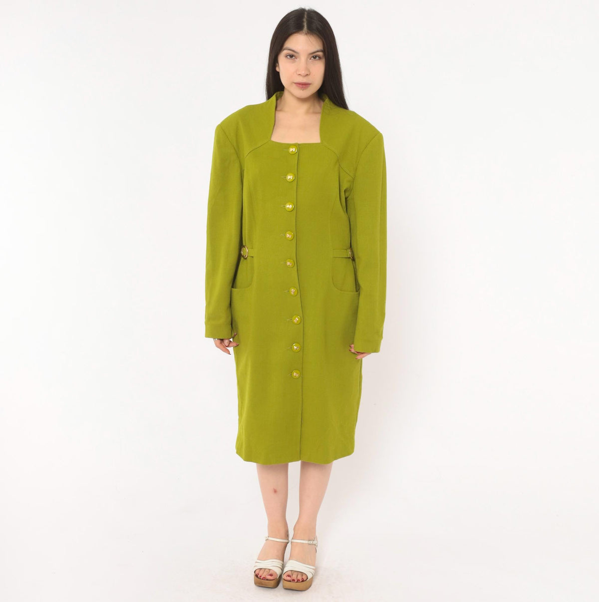 80s Lauren Taylor Wool Coat Dress Olive Green Gold Buttons Power Dressing Large L