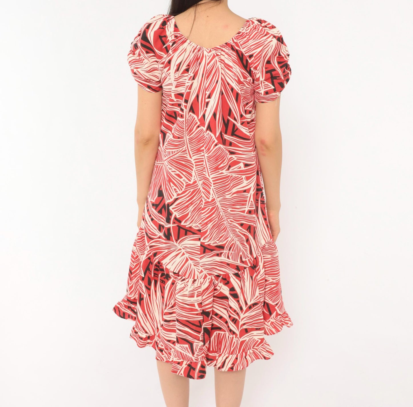 80s Me-Too Tropical Leaf Print Dress Red White Puff Sleeve Knee-Length XS