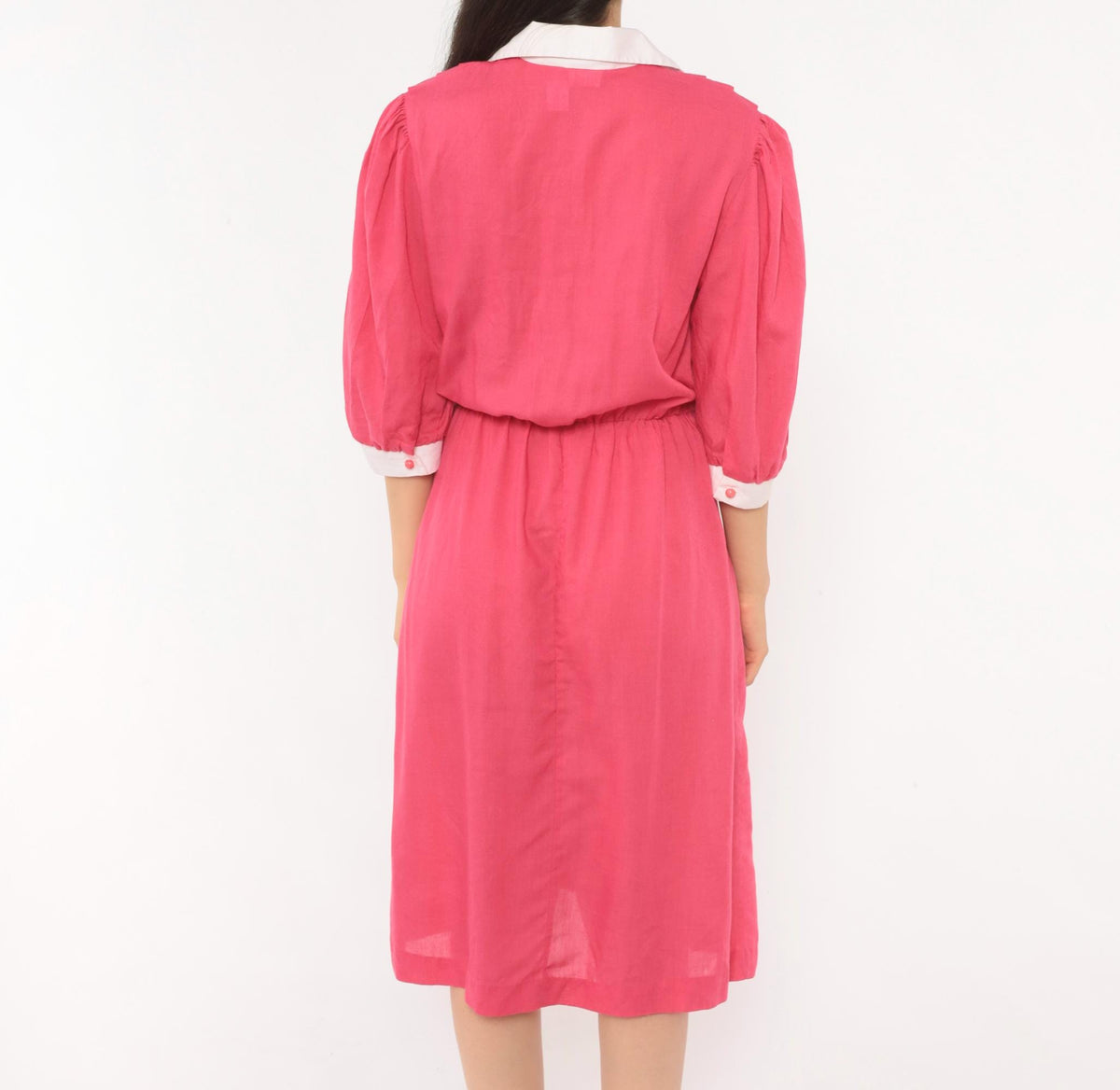 80s Fuchsia Puff Sleeve Shirtdress White Collar Pleated Bodice Pink Buttons Small Medium