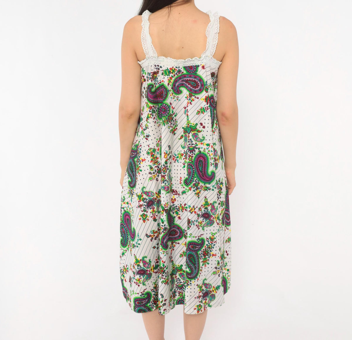 70s Paisley Floral Sundress White Green Purple Eyelet Lace Midi Extra Small