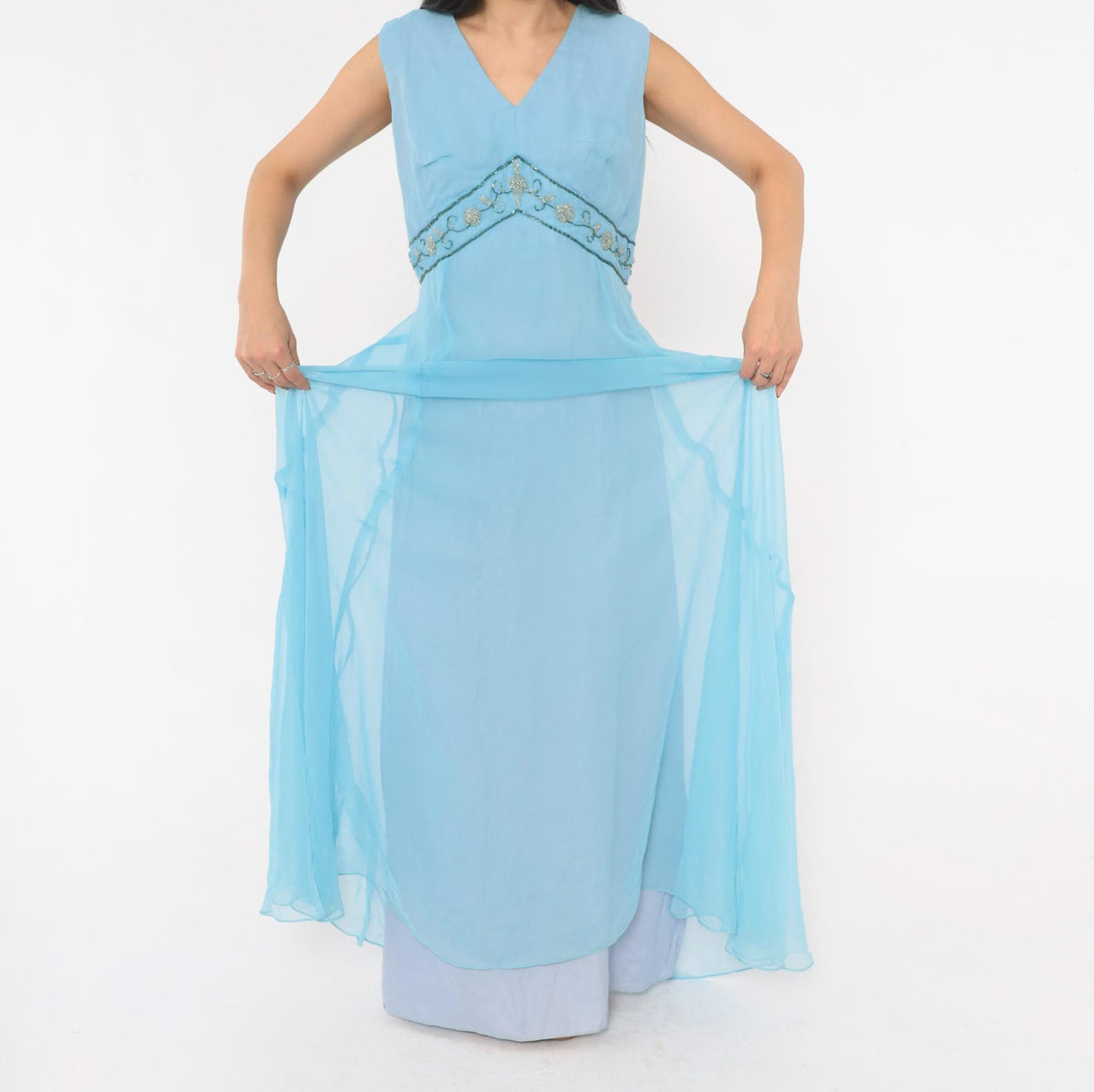 70s Elgin Dress Sky Blue Empire Waist Maxi Gown Beaded V Neck Large L