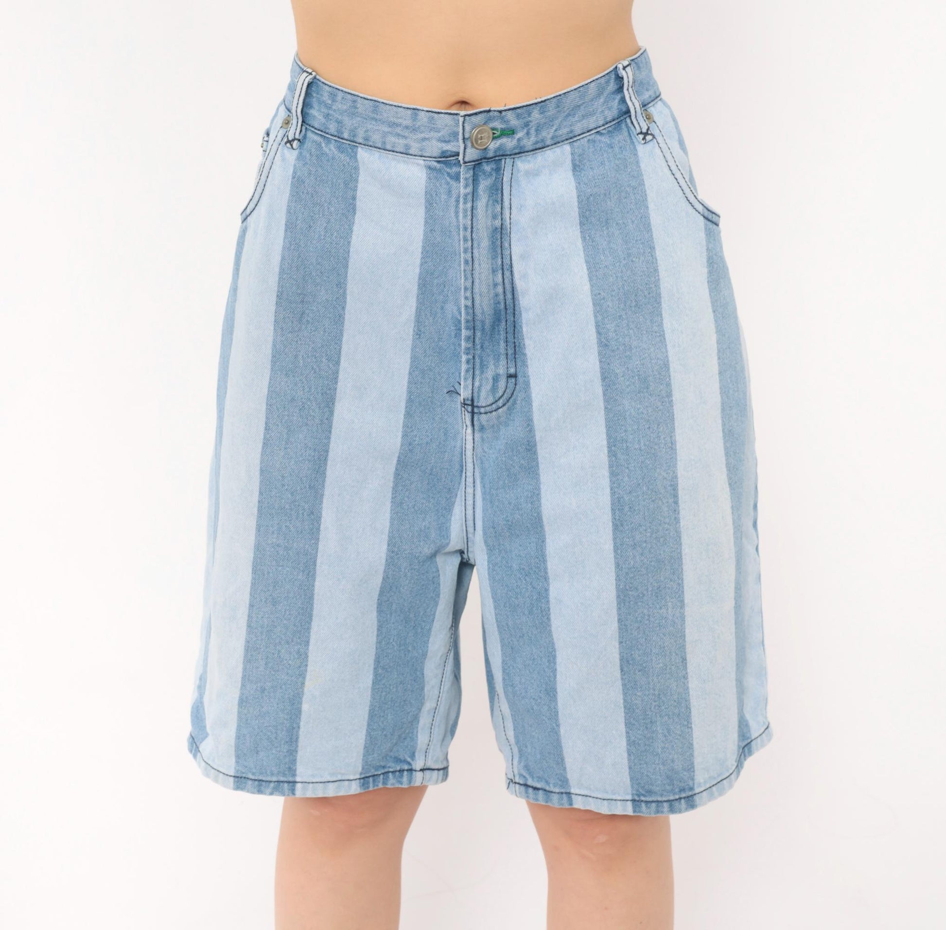 00s Tommy Hilfiger Striped Denim Bermuda Shorts Light Blue High Rise Large L