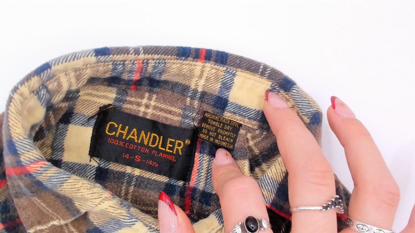 90s Chandler Plaid Flannel Shirt Brown Tan Red Navy Cotton Small S