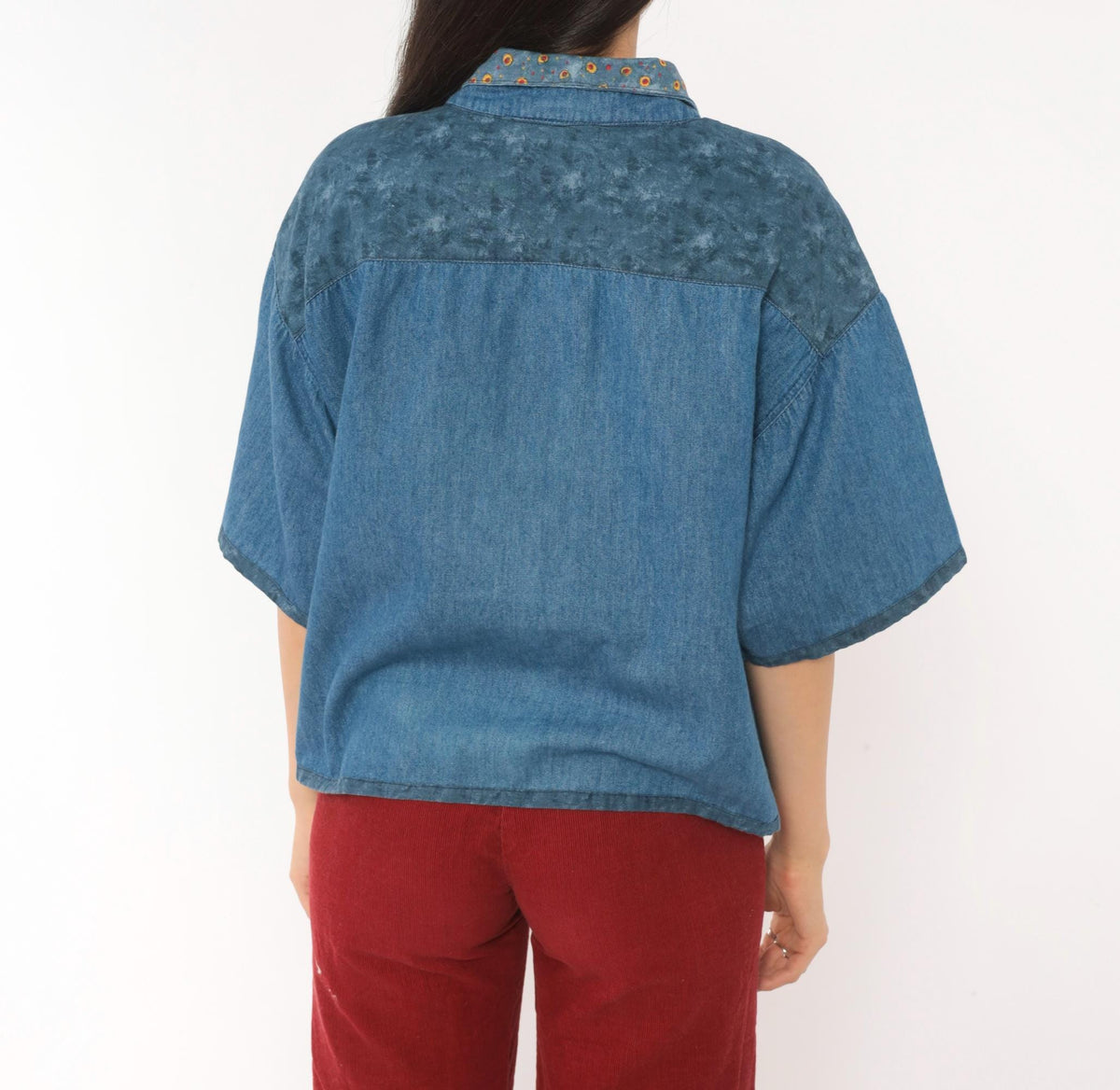 90s St. Jeanne Denim Shirt Patchwork Print Button Front Cotton Extra Large XL