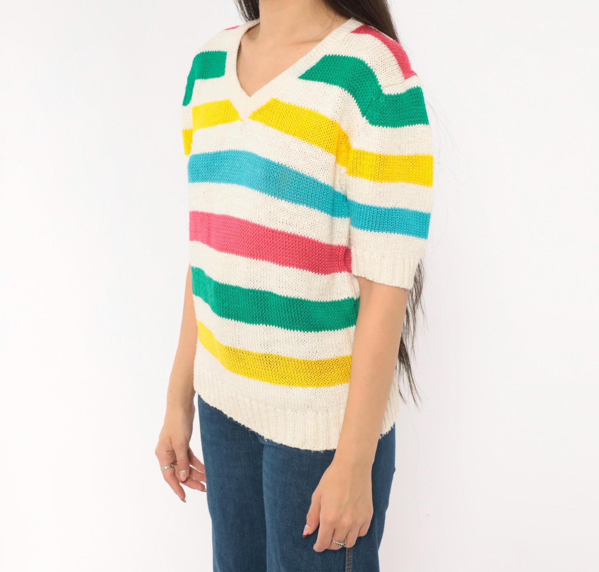 90s Brittania Rainbow Stripe V-Neck Knit Pullover Cream Cotton Medium M