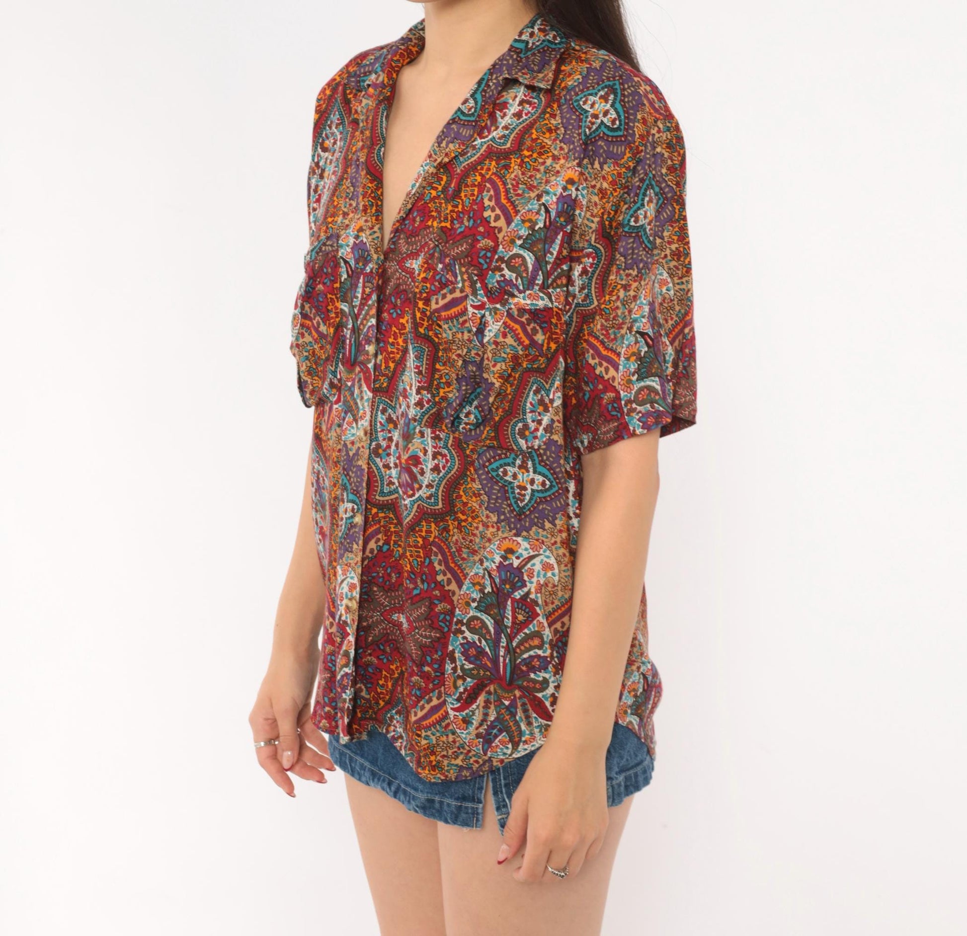 90s Outback Red Paisley Button Front Shirt Camp Collar Purple Medium M