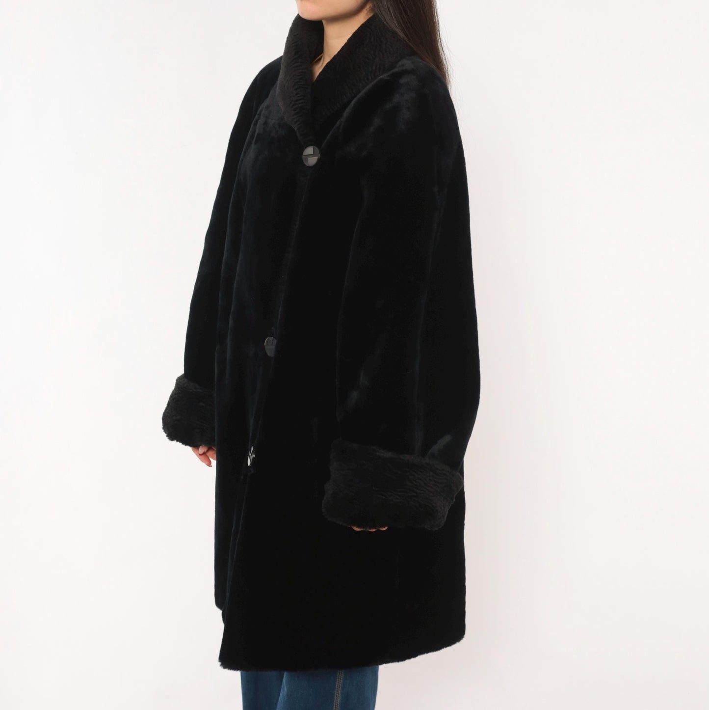 70s Gallery Black Faux Fur Coat Astrakhan Collar Knee-Length Extra Large XL