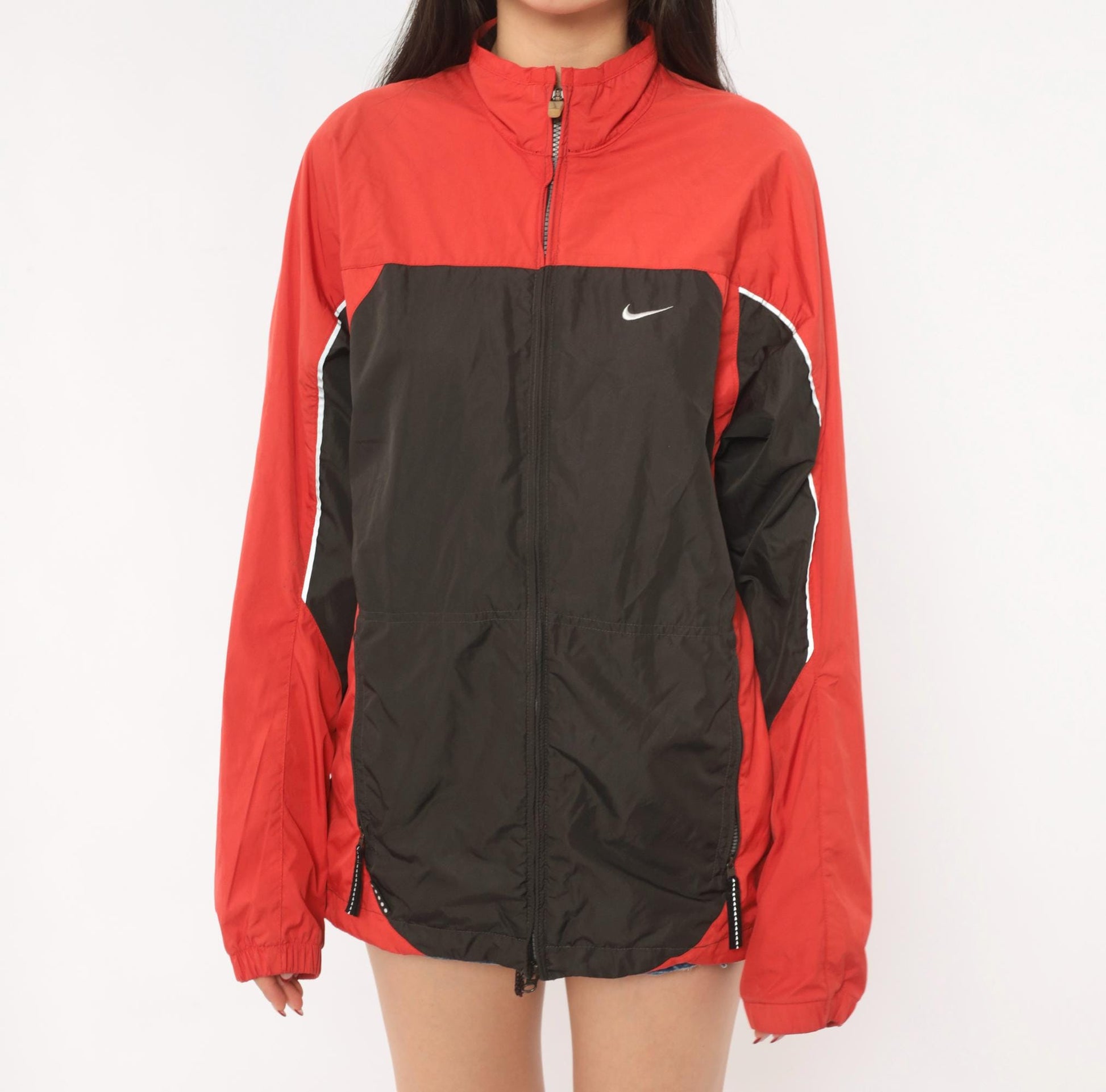 2000s Nike Windbreaker Red Black Color Block Raglan Small S