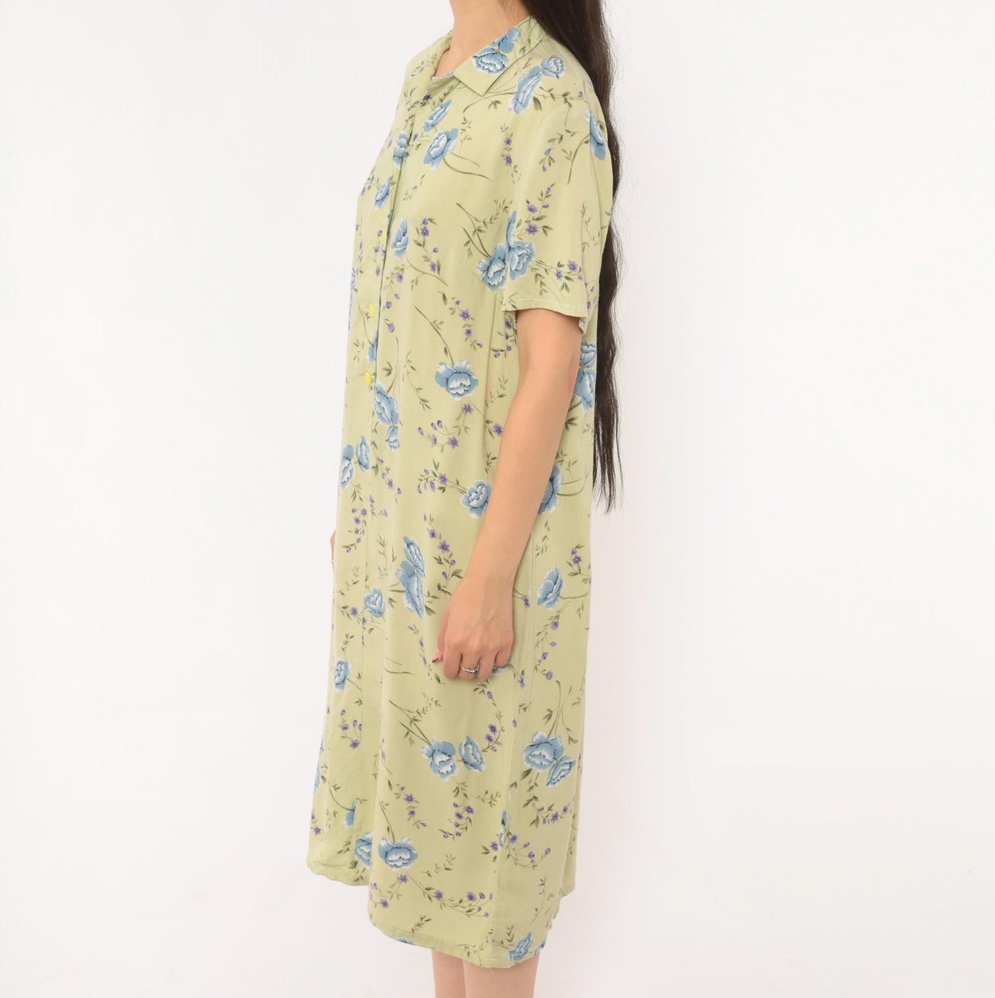 90s Sage Green Floral Shirt Dress Blue Rose Print Midi Medium M