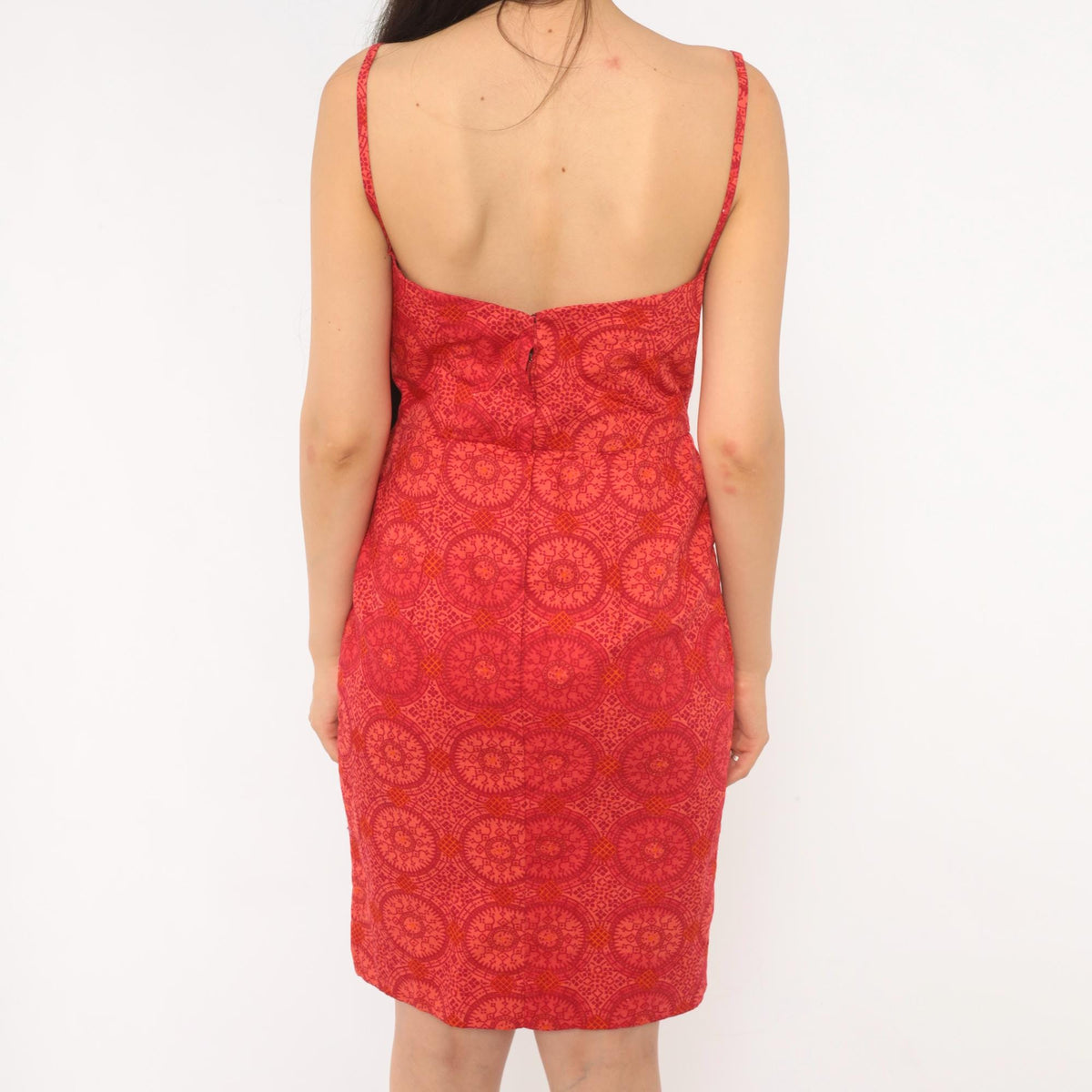 60s Medallion Print Sundress Red Orange Square Neckline Fitted Bodice Small