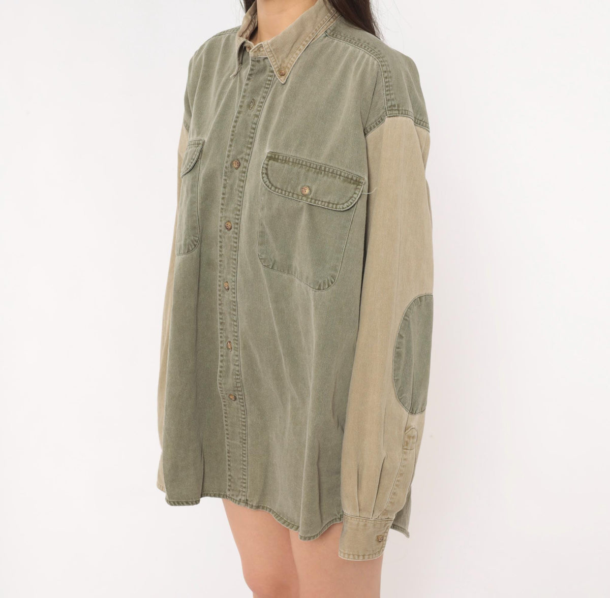 90s Redhead Two-Tone Corduroy Button-Up Shirt Olive Tan Large L