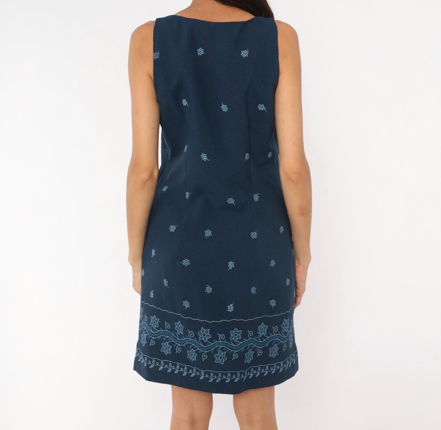 90s DBY Navy Shift Dress Embroidered Floral Border Sleeveless Medium M