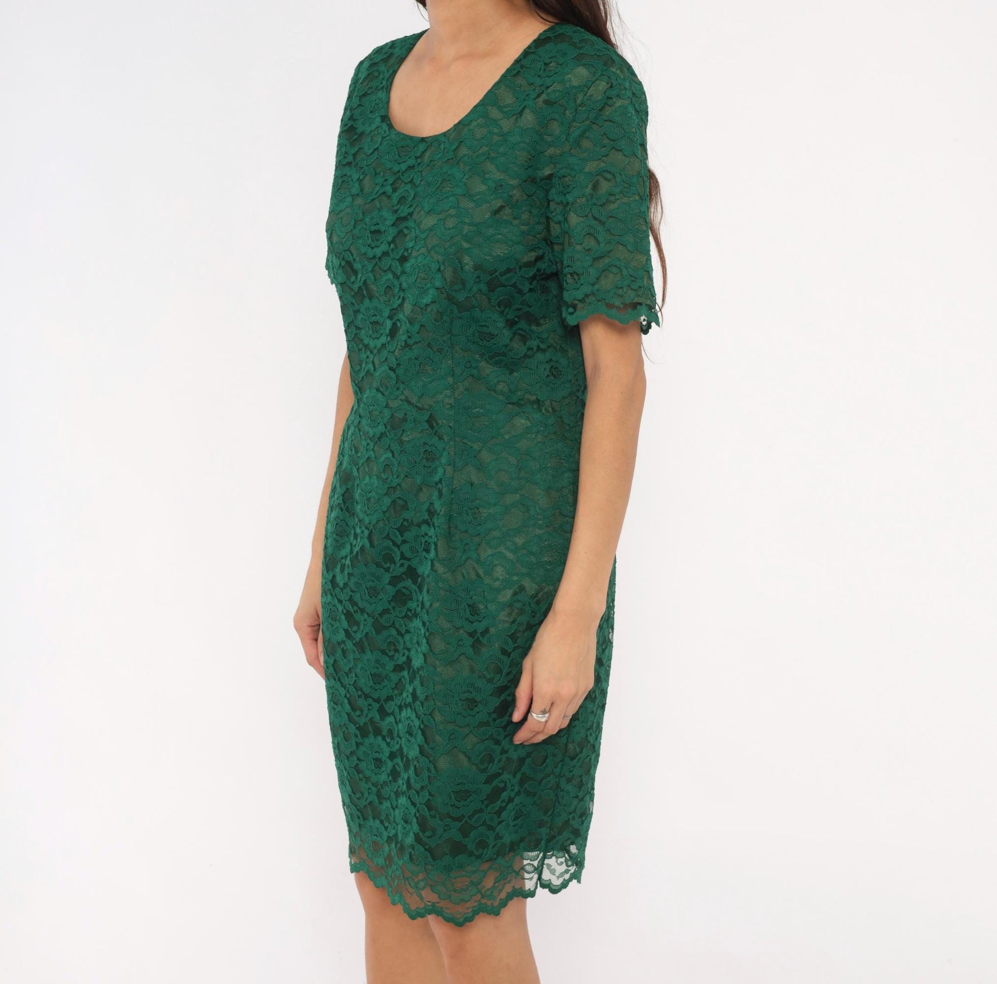 90s My Michelle Emerald Lace Dress Scalloped Short Sleeve Floral Overlay Large L