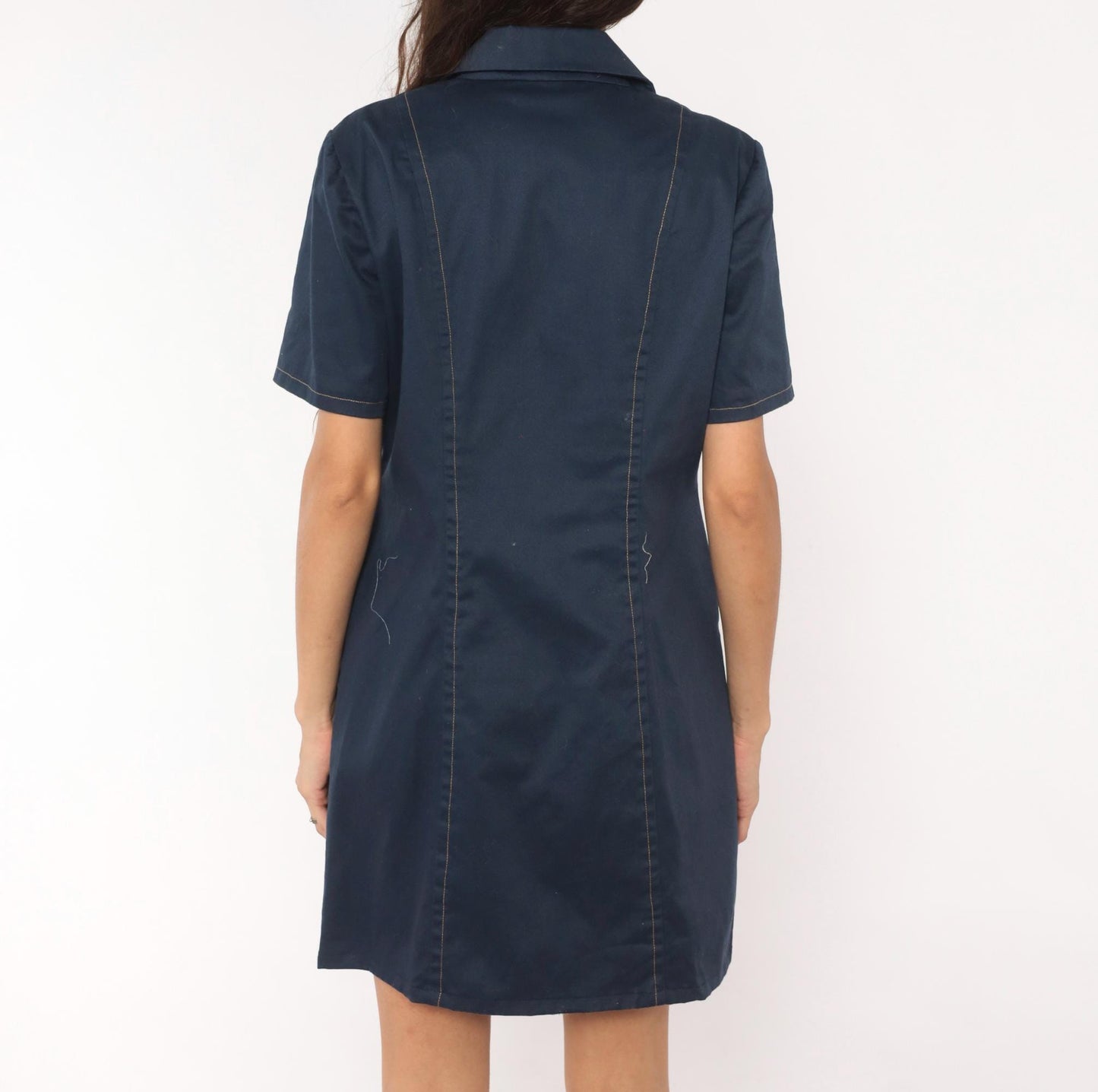 60s Navy Cotton Shirt Dress Button Front Notched Collar A-Line Medium M