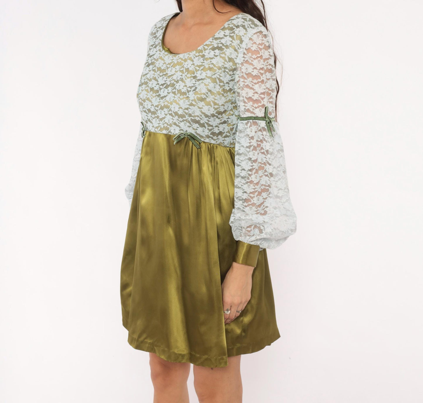 70s Olive Satin Babydoll Dress White Lace Empire Waist Balloon Sleeve Mini Medium