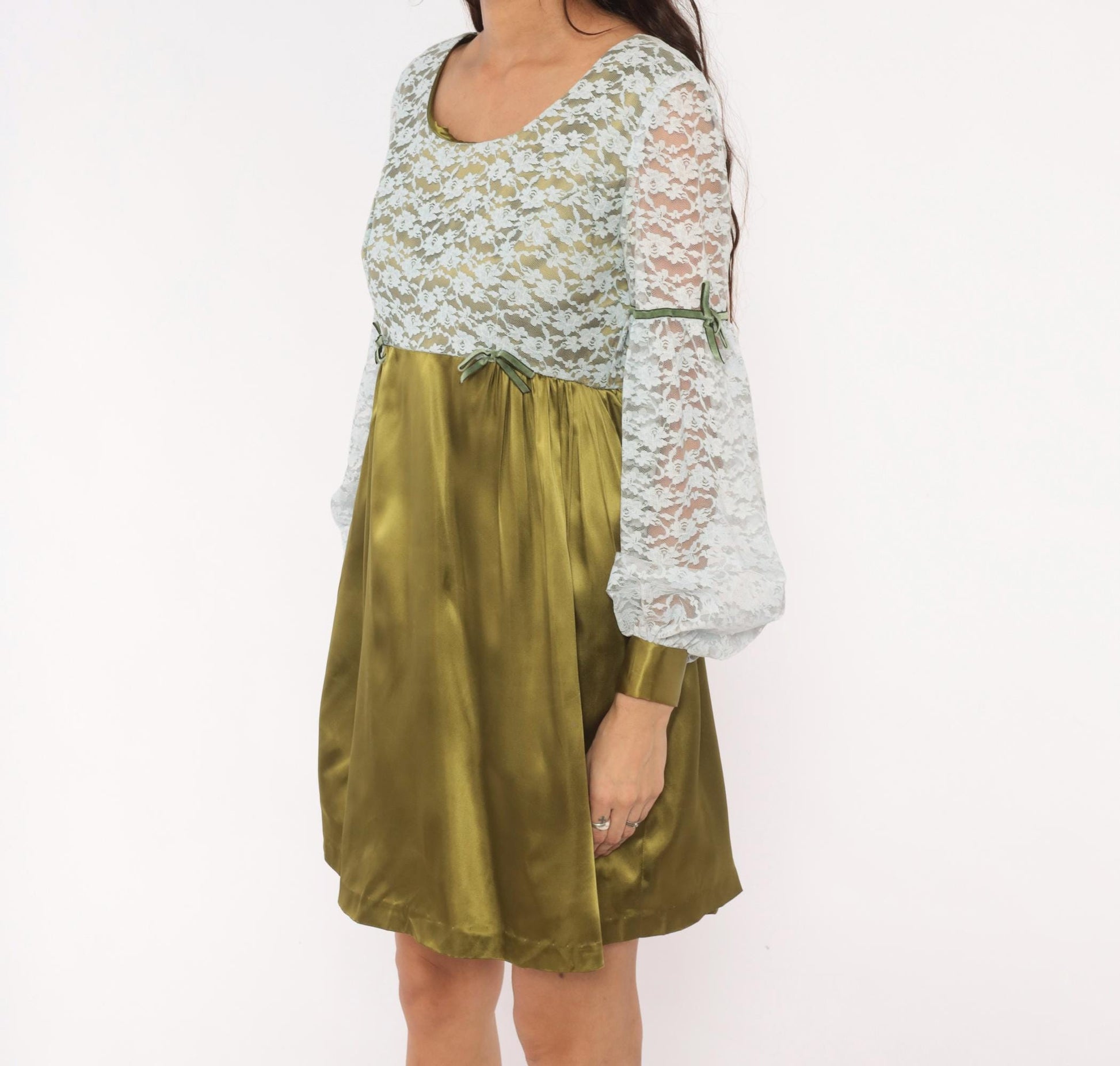 70s Olive Satin Babydoll Dress White Lace Empire Waist Balloon Sleeve Mini Medium