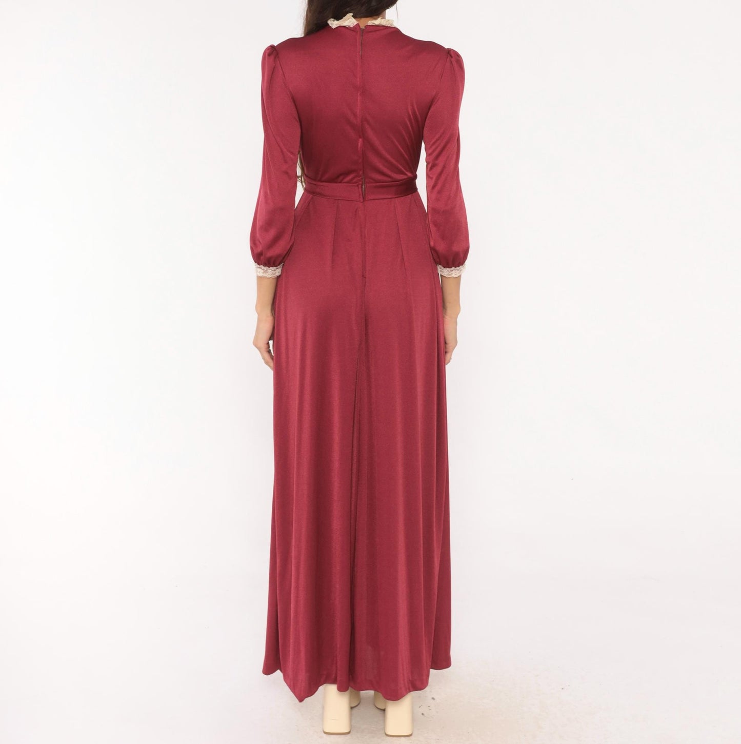 70s Burgundy Lace Bib Maxi Dress Puff Sleeve High Neck Ribbon Bow Extra Small